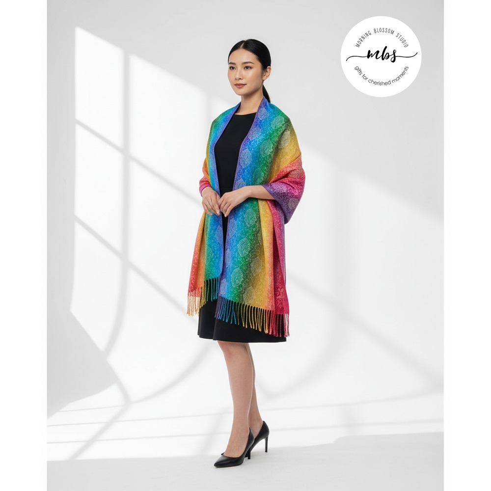 NIB Pashmina 100% Pashmina Paisley Rainbow Patterned Multicolor Fringe Wrap